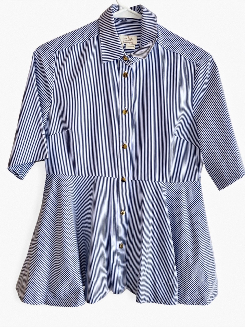 Kate Spade NY Blue White Stripe Peplum Button Front Blouse Size Small